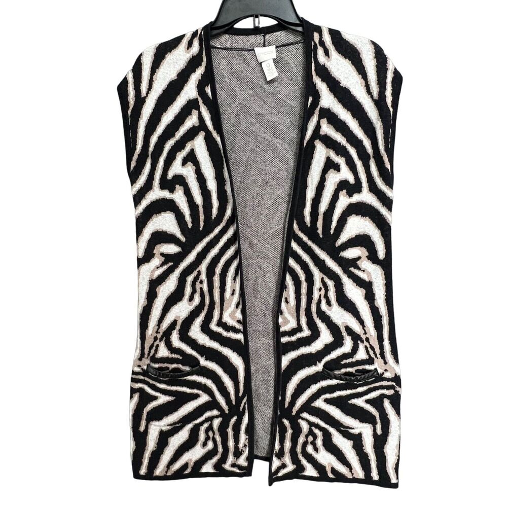 Chicos Maggie Duster Womens Small Black Tan Zebra Open Sweater Vest Lightweight